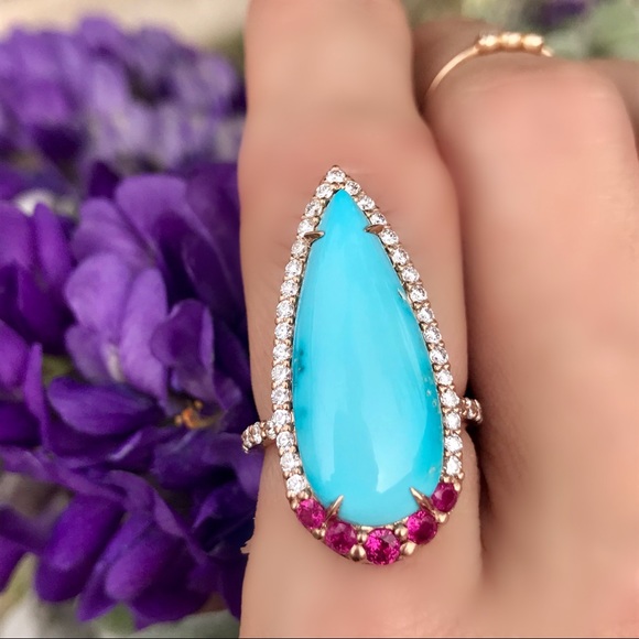 Sleeping beauty turquoise, diamond & ruby ring - Picture 5 of 8